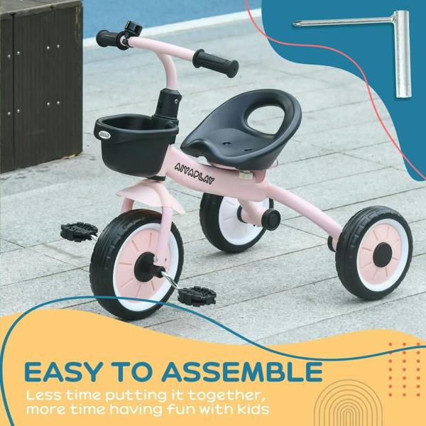 Pink kids tricycle with adjustable seat, front basket, and three EVA-style wheels