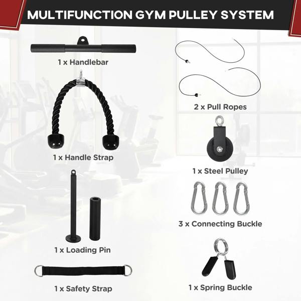 Gym pulley system parts kit with handle strap, ropes, steel pulley, loading pin