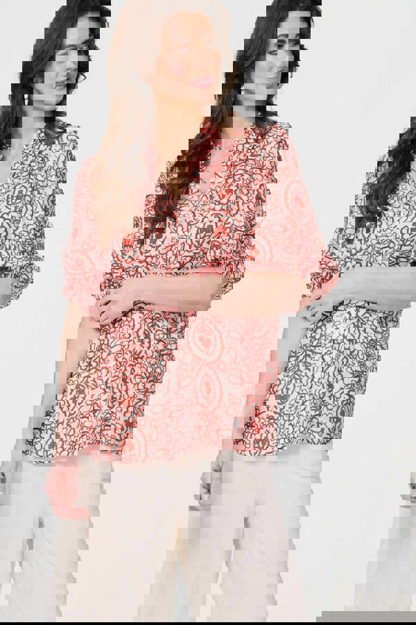 Red | Printed Puff 1/2 Sleeve Button-Up Shirt