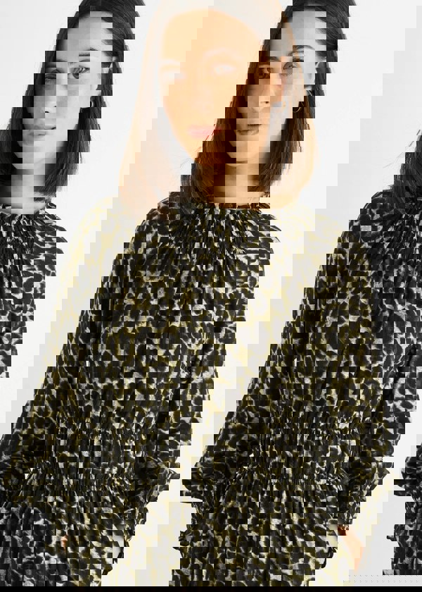 Gini London Khaki Animal Print Shirred High Neck Maxi Dress