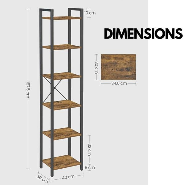 Rafaelo Mobilia 187.5CM Tall Bookcase Industrial Rustic Brown Free-Standing