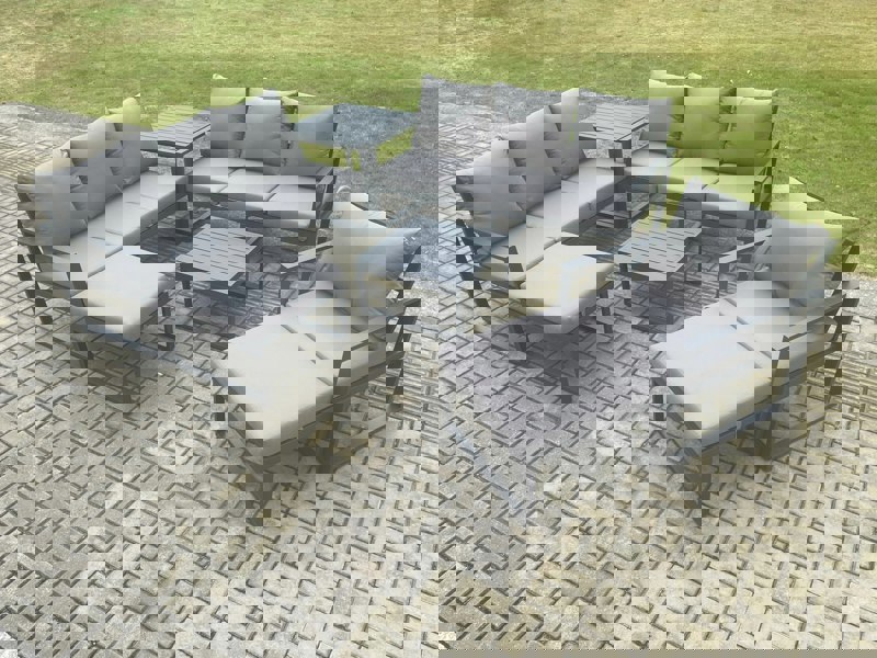 Fimous Aluminium Outdoor Lounge Sofa Set Garden Furniture Sets with Square Coffee Table Chair 2 Big Footstools Side Table Dark Grey