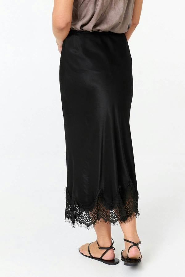Black | Lace Trim Satin Texture Midi Skirt