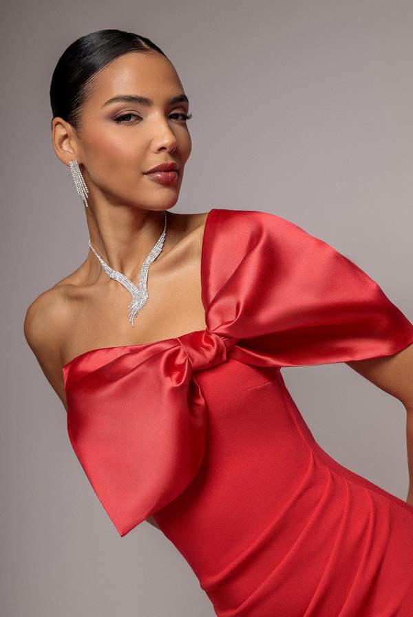 Off The Shoulder Satin Bow Neck Maxi Dress - Red DR5073
