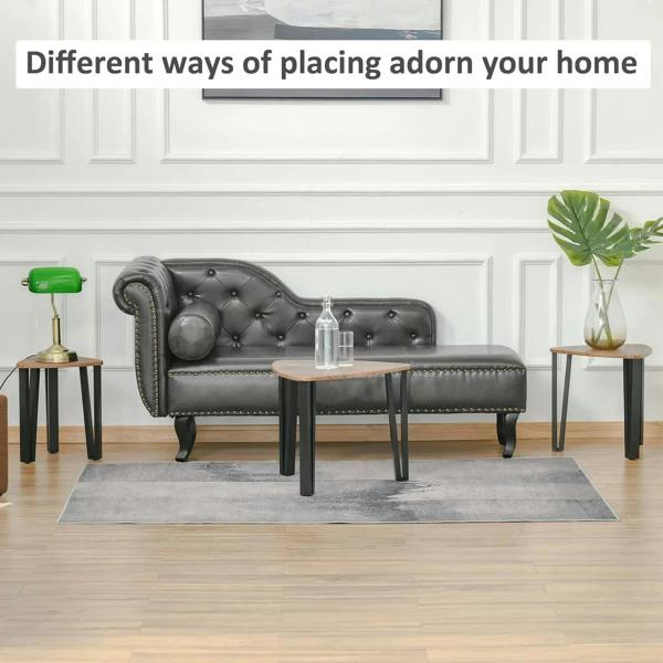 Wood nesting tables with rounded corners and black metal legs in living room setting