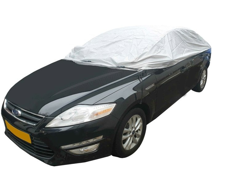 The Nylon Car Top Cover large by OLPRO on a large black Ford car on a white background.