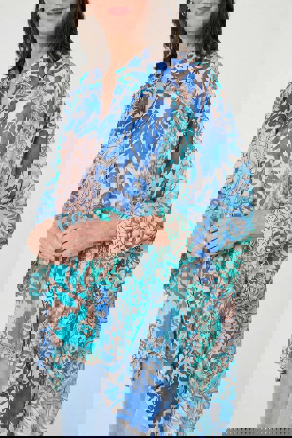 Blue | Leaf Print Longline Relaxed Tunic Shirt