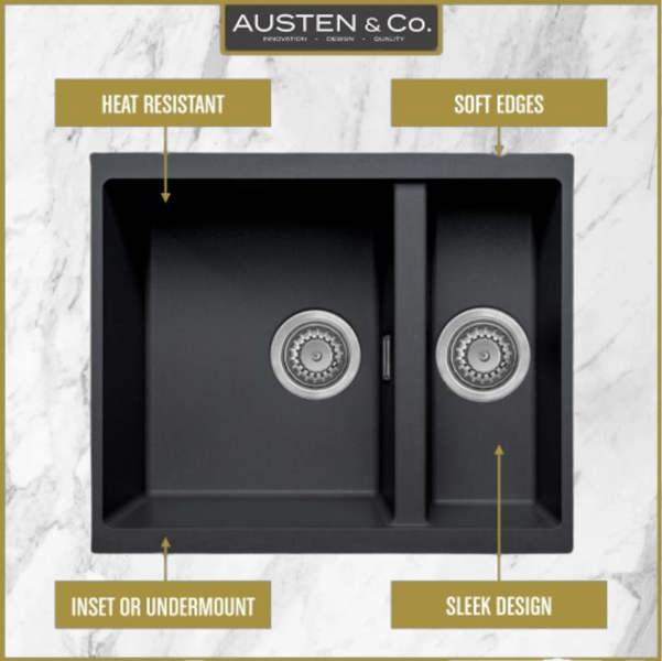 Austen & Co. Florence Inset & Undermount 1.5 Bowl Reversible Granite Kitchen Sink With Strainer & Over Flow Kit - Black