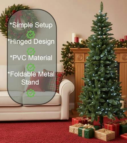 4ft to 8ft Slim Pre-Lit Green Christmas Trees with Cool White LEDs and Metal Base image 7