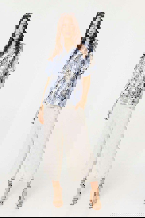 Blue | Printed V-Neck 1/2 Sleeve Blouse