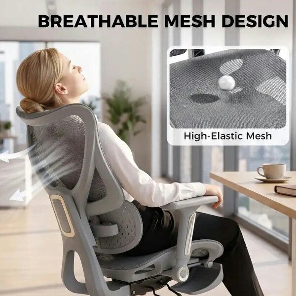 Ergonomic Office Chair with Lumbar Support, Mesh Reclining Desk Chair with Footrest, Adjustable High Back, Grey