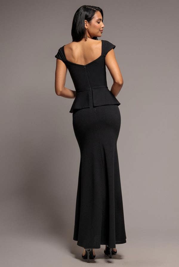 Cap Sleeve Sweetheart Peplum Scuba Maxi Dress - Black DR5302