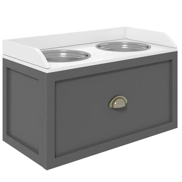 Grey raised dog feeding station with two stainless steel bowls and front storage drawer.