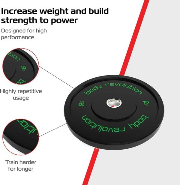 Black Olympic bumper plate set featuring 10kg weights, designed for high performance with a durable rubber finish and vibrant green lettering