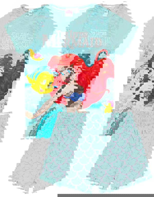 Disney Little Mermaid GirlsBlue Ariel, Flounder Character Print Short Sleeve Short Leg Pyjama Set