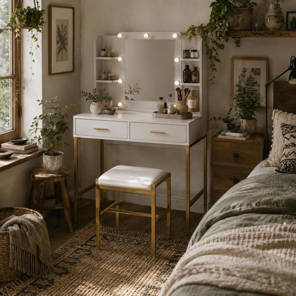 Wyld Haus Doraro White LED Dressing Table With Lighted Mirror Cushioned Stool Drawers And Shelves