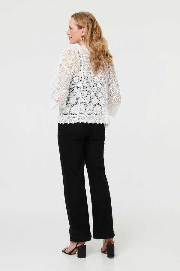 White | Crochet Textured Open Front Cardigan