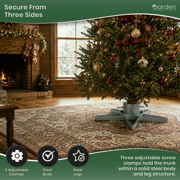 Star-Shaped Silver Christmas Tree Stand with Water Tank, Fits Real Trees up to 2.5m, 3 Screw Clamps for 35-85mm Trunks