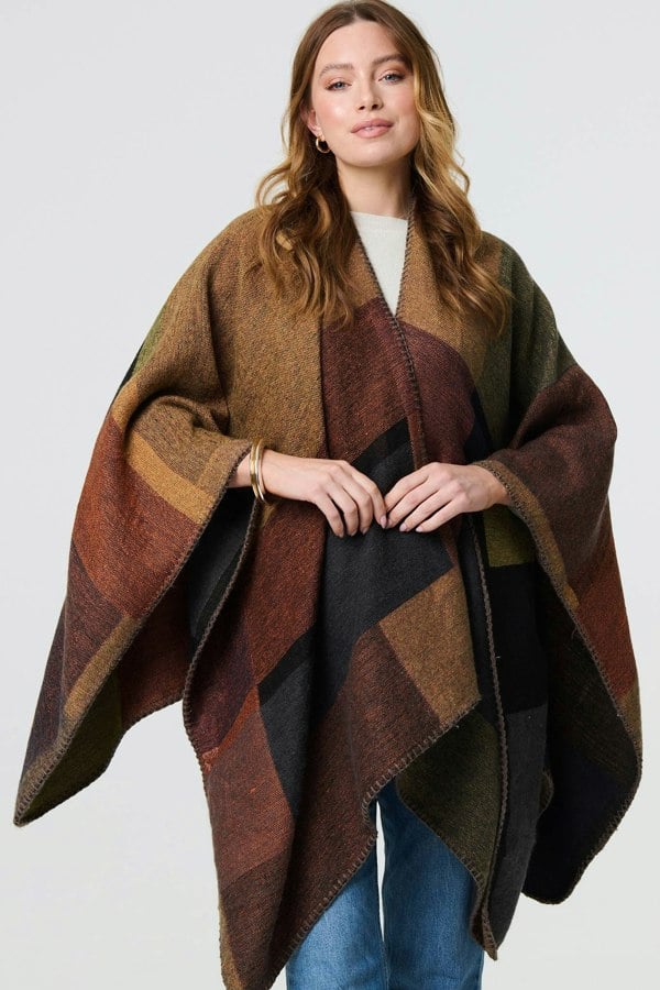 Brown | Colour Block 3/4 Sleeve Relaxed Poncho
