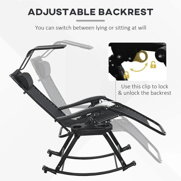 Black adjustable back rocking sun lounger with padded headrest