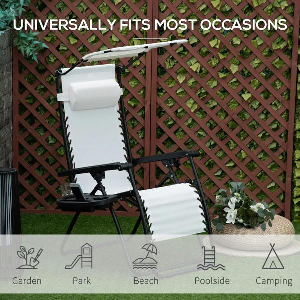 White patio sun lounger with adjustable canopy shade and recline frame, outdoor view