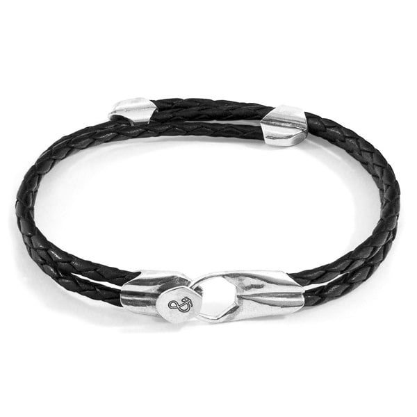 Anchor & Crew Coal Black Conway Silver and Braided Leather Bracelet