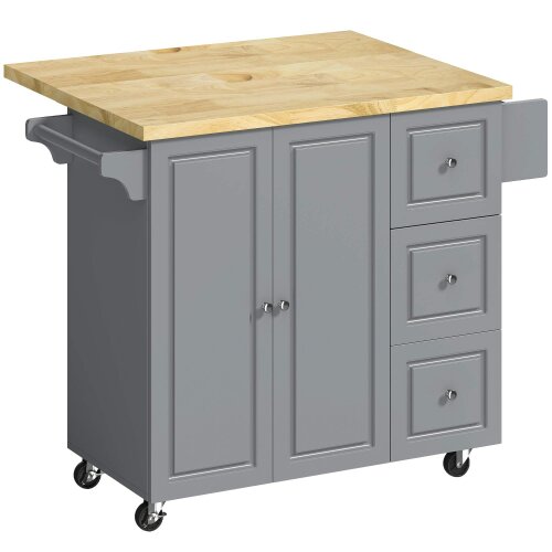 Wyld Haus Norado Grey and Natural Wooden Rolling Kitchen Island With Drop Leaf Drawer Towel And Spice Racks