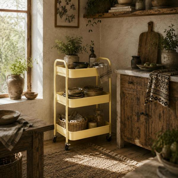 Wyld Haus Firi Metal Yellow 3 Tier Steel Storage Trolley With Wheels