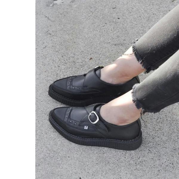 TUK Footwear TUK Pointed Creeper Black Leather Monk Buckle Platform Shoes - A8520
