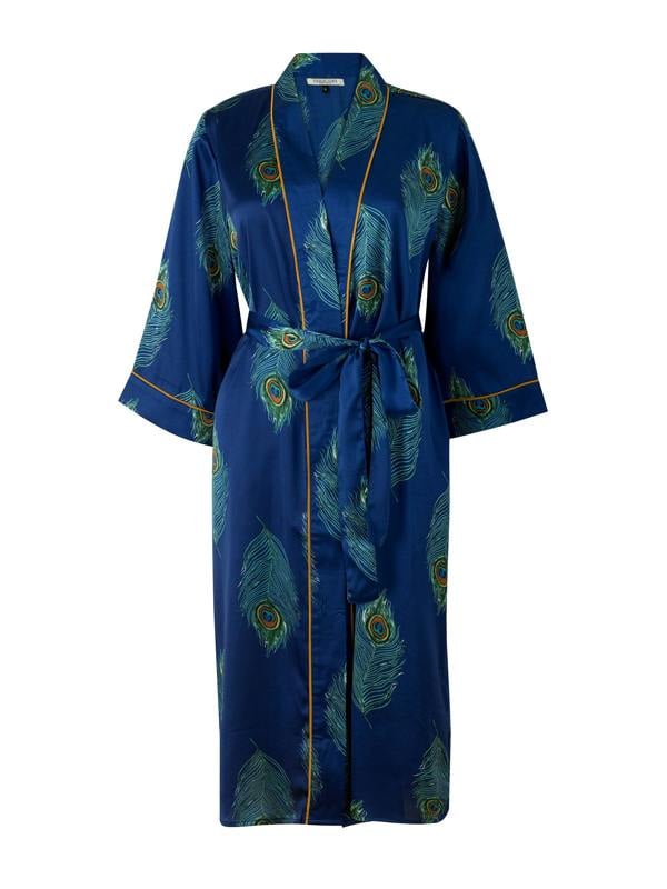 Their Nibs Womens Satin Dressing Gown Robe Navy Blue Peacock Feather