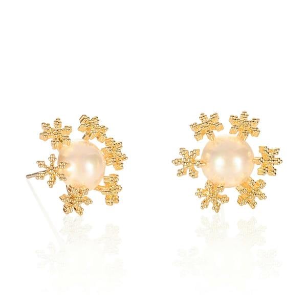 namana Gold Large Pearl Stud Earrings in a Snowflake Design for Women