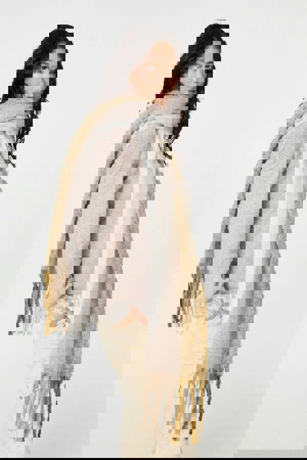 Beige | Striped Print Fringed Oversized Scarf
