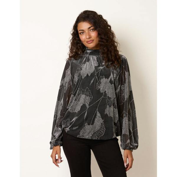 Blue Vanilla Metallic Floral High Neck Puff Ball Blouse