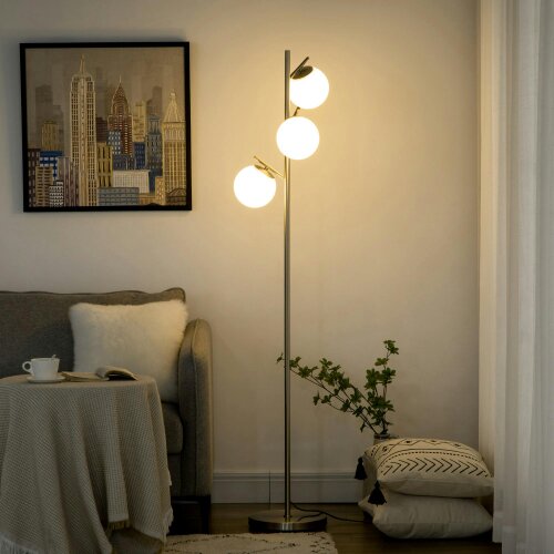 Wyld Haus Moretta Metal Silver 3 Light Tree Floor Lamp With Globe Shades And Steel Base