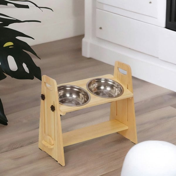 Rafaelo Mobilia Elevated Wooden Adjustable Dog Bowl Food Stand Natural Brown