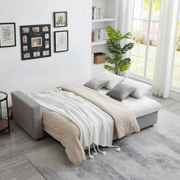 Madrid Velvet 3 Seater Pullout Sofa Bed in Grey with Reversible Storage Chaise