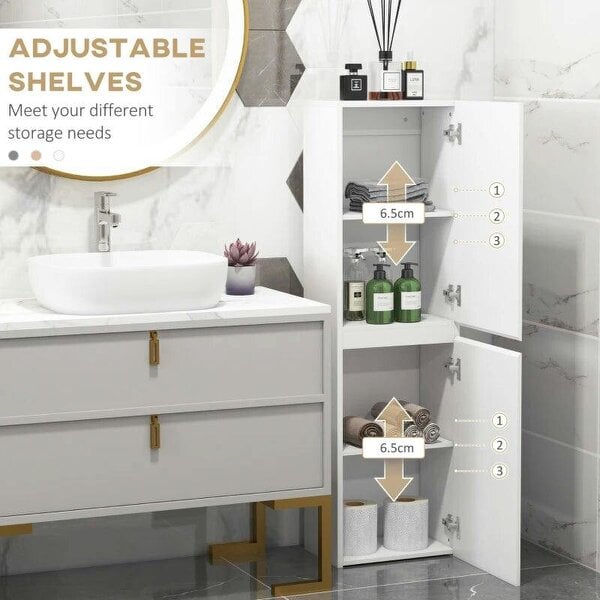 Bathroom Storage Unit, Tall Bathroom Cabinet with 2 Cupboards and Adjustable Shelves, High Gloss White