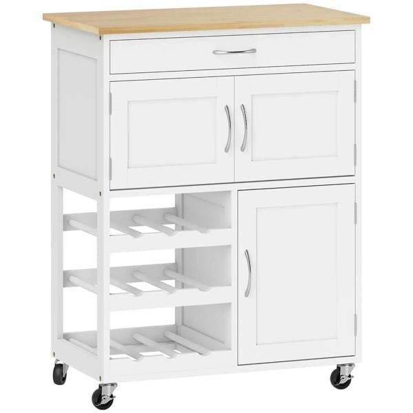 White rolling kitchen trolley with drawer, cabinet doors, and open wine rack storage