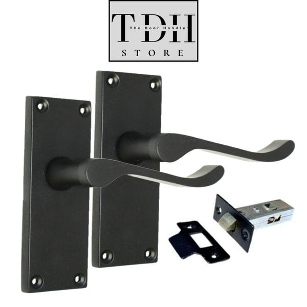 EDH Door Hardware Matt Black Victorian Scroll Door Handles on Backplate – 118mm x 42mm 4 Pairs + Tubular Latches