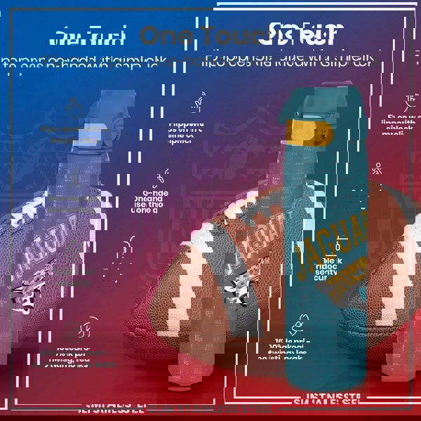 A teal and yellow water bottle, featuring a flip top and a Jacksonville Jaguars design, rests next to a football; its features include one-handed opening, triple lock security, and 100% leak-proof design.