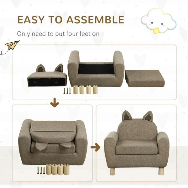 Kids toddler armchair with cat-ear back in brown upholstery with included wooden legs