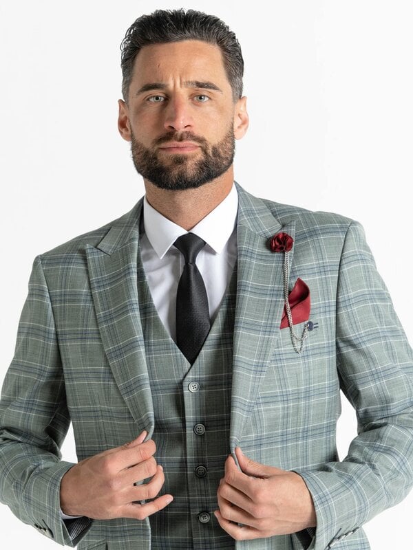 V2 Classic Kensignton Three Piece Suit - Olive with White and Blue Checks