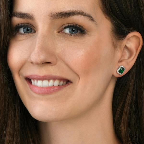 namana 925 Sterling Silver Emerald Cut Green Halo Stud Earrings For Women
