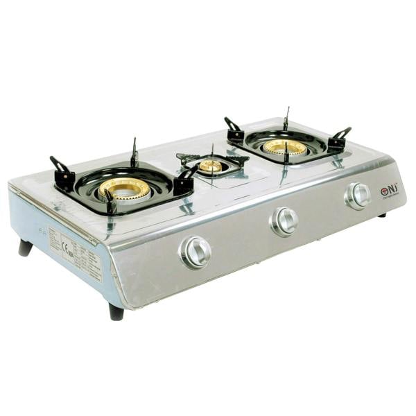 Stainless steel gas stove with three burners on a white background