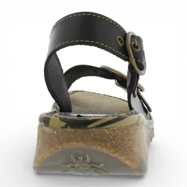 Fly London TRAM723FLY - Women’s Black Leather Wedge Sandals