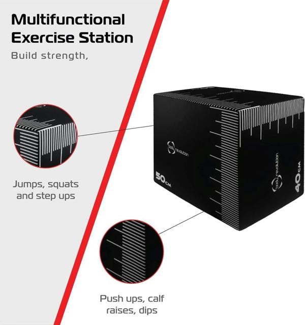 Medium Body Revolution Plyo Box in black with measurement markings, designed for jumps, squats, and step-ups, enhancing workout versatility