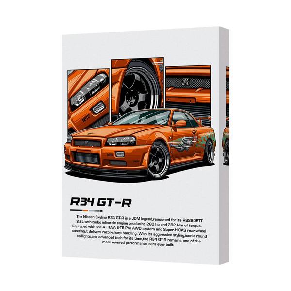 Benjamin Tate Design Nissan Skyline R34 GTR Orange Canvas Wall Art Triptych Print
