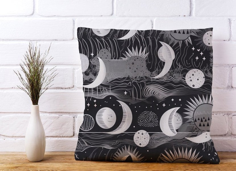 Warren Reed Abstract Black White Moon and Sun Cushions