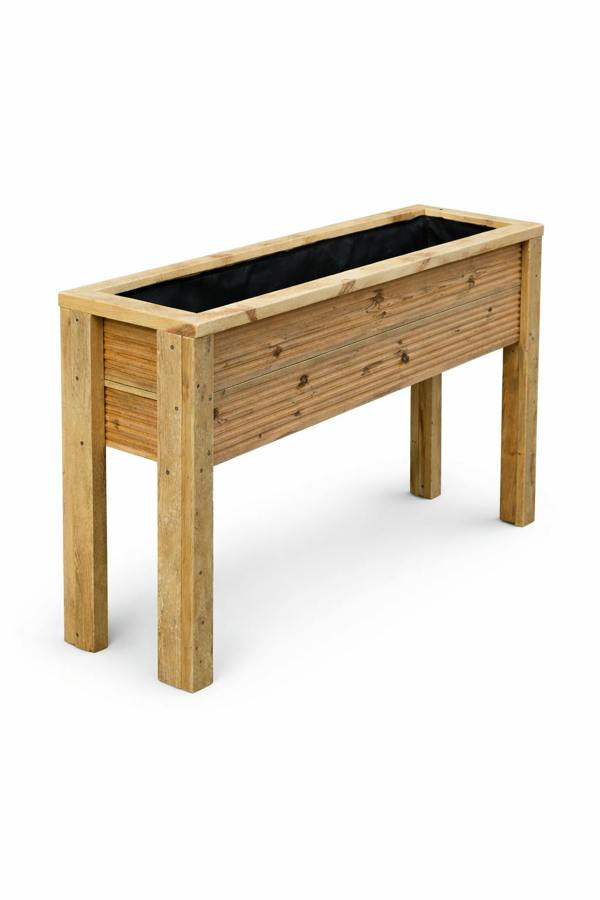 Elevated rectangular wooden decking planter with legs on white background
