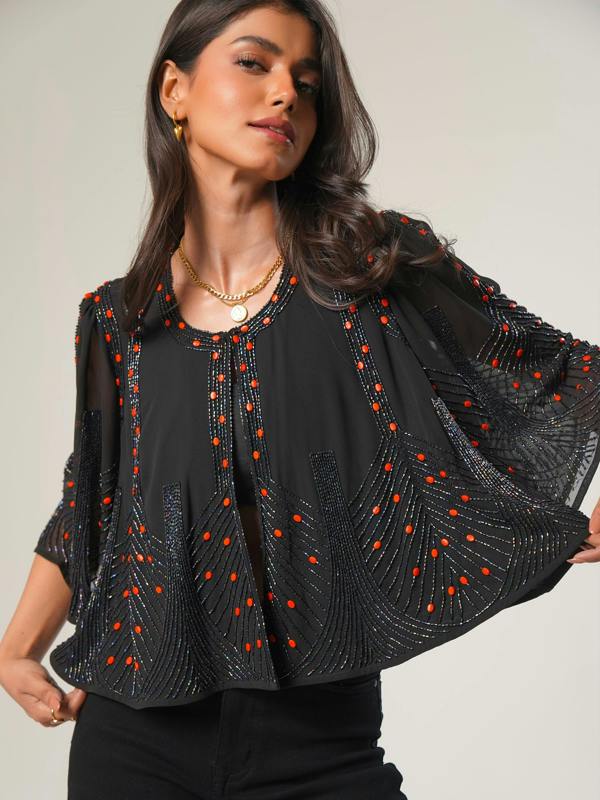Rose & Nancy Anna Black Cape Sleeve Hand Beaded Top